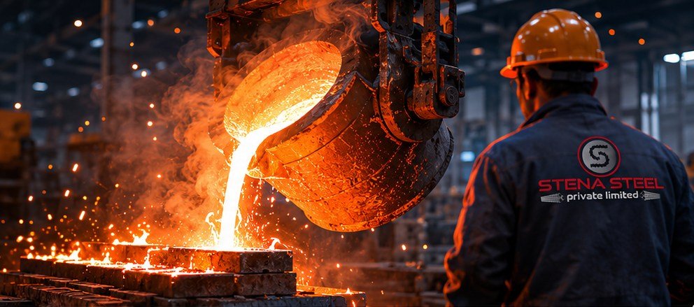 Molten steel being poured at the Stena Steel foundry in Jamnagar, Gujarat