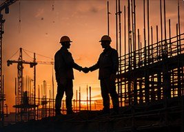 Reinforcement in place on an active construction site at sunset