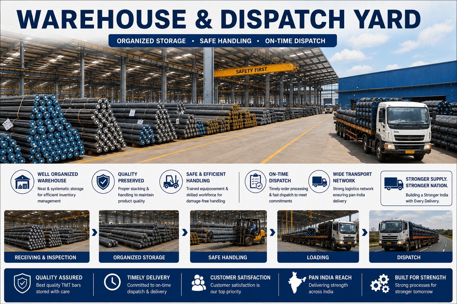 Stacked TMT bar bundles in the warehouse and a loaded truck at the dispatch yard